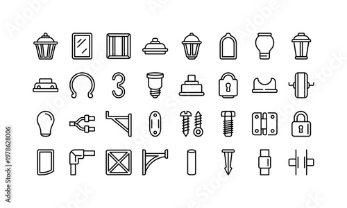 Garden lantern structural parts with frames panels glass covers bases handles and assembly components clean monoline outline icon