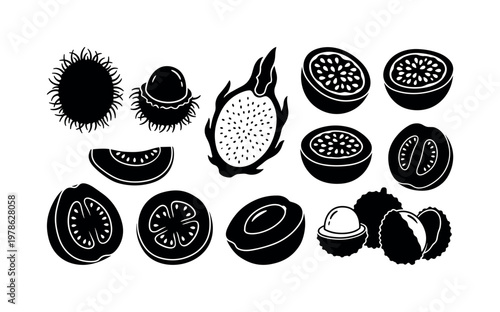 Exotic fruits including dragon fruit cut open, passion fruit halves with seeds, guava sliced pieces, lychee peeled fruit, rambutan