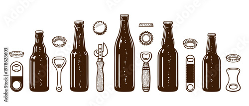 Set of beer bottles and openers