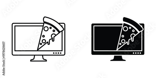 Creative representation of a pizza slice emerging from computer monitors in contrasting styles
