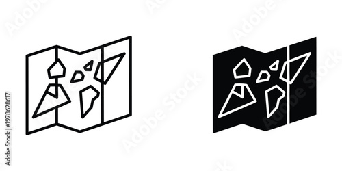 Contrasting map designs with open book illustrations of geographical regions and abstract shapes