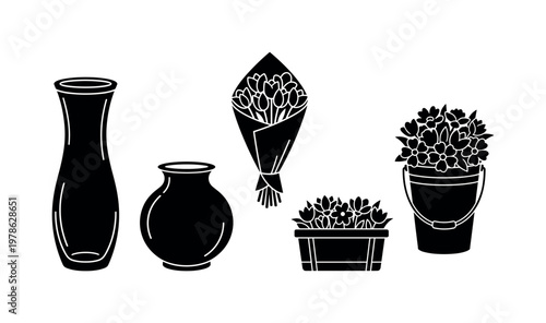 Flower shop containers including glass vase tall, ceramic vase round, bouquet wrap paper, flower box container, bucket with