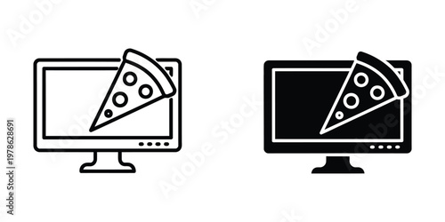 Comparison of a regular monitor and a monitor with a black screen both showing pizza slices