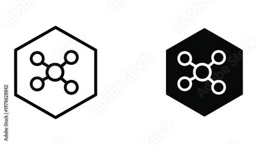 Contrasting hexagonal icons with interconnected circular nodes in light and dark themes