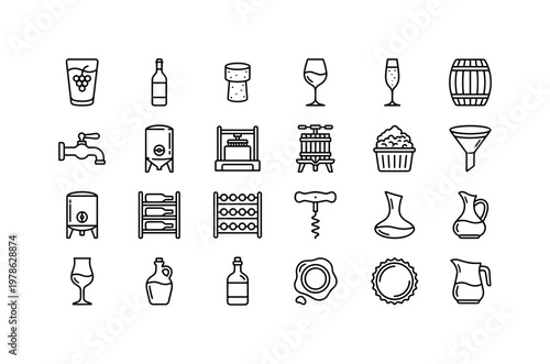 Grape products and winemaking items with juice, wine bottles, barrels, glasses and processing equipment clean monoline outline