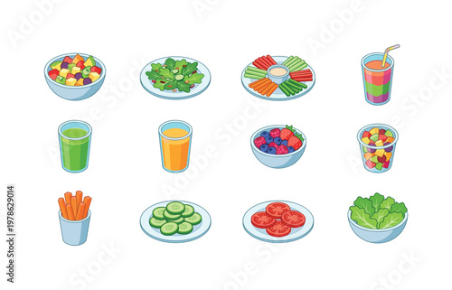 Fresh fruit bowl, salad mix plate, vegetable platter, fruit smoothie glass, green juice glass, citrus juice glass, berry bowl,