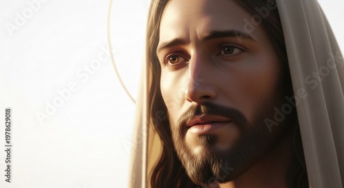 Holy portrait of Jesus Christ with calm expression and compassionate eyes captured in elegant studio lighting composition isolated on seamless white background