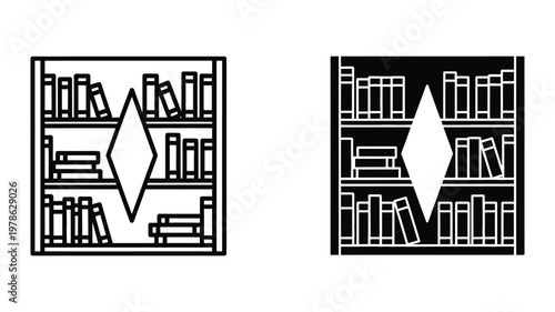 Contrasting artistic interpretations of bookshelf designs with a central diamond shape.