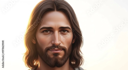 Premium devotional portrait of Jesus Christ with compassionate eyes illuminated by soft golden light photographed in close-up isolated against pure white background