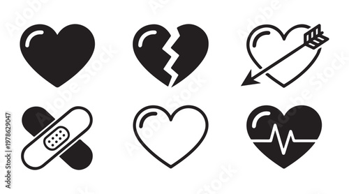 Heart icons set solid broken arrow wounded and healthy heart for love concept.