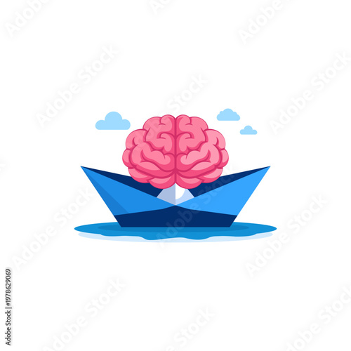 Serene brain floats in blue boat on water under clouds illustration