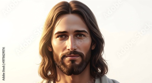Gentle portrait of Jesus Christ with compassionate gaze photographed in centered composition illuminated by warm golden light isolated against seamless white background