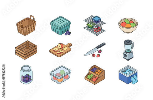 Fruit storage basket, wooden fruit crate, kitchen fruit bowl, fridge shelf with bananas kiwi, storage box for fruit, cutting board