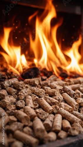 Close-up of flames over biomass fuel pellets