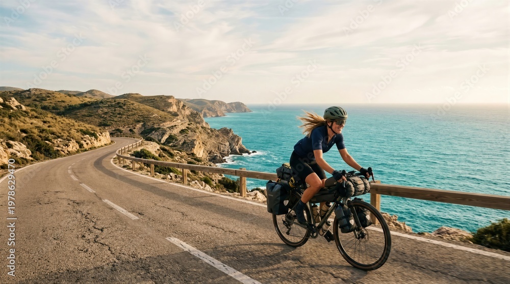 Fototapeta premium Woman cyclist riding bike on coastal road. Bikepacker journeying along ocean scenic route. Adventure travel concept, active lifestyle and outdoor recreation in nature under warm summer sunlight