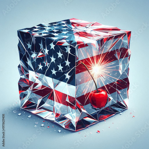 A broken ice cube with fruit and a flag, Ice Cube with Flag and Cherry Firework Effect