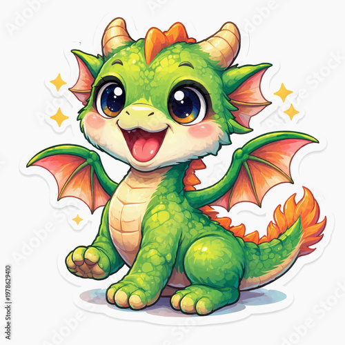 Cute baby dragon character with wings and bright colors in playful fantasy style