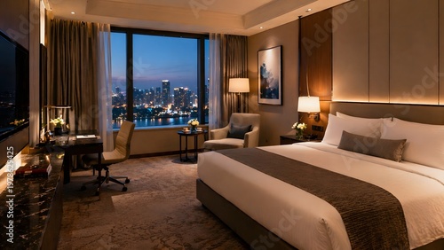 Luxury hotel room with night city view