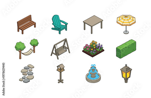 Garden bench wooden, outdoor lounge chair, patio table, sun umbrella garden, hammock between trees, garden swing seat, flower bed