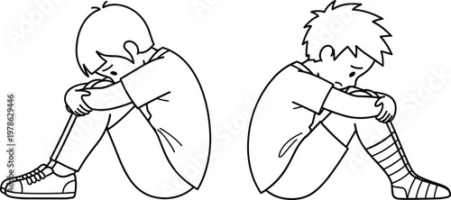Sad Child Sitting Alone Cartoon Line Art Set with Depressed Kids in Different Poses for Mental Health Awareness, Emotional Illustration and Social Concept Design