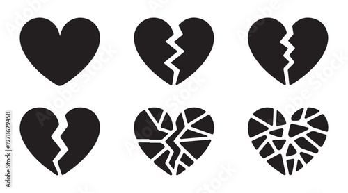 Broken heart silhouette set, fractured symbols for sadness, breakup and heartbreak emotions.