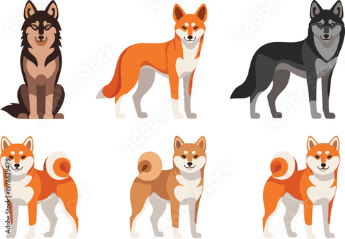 Shiba Inu and Husky Dog Vector Set with Cute and Realistic Breeds in Different Poses for Pet Illustration Animal Character and Companion Design