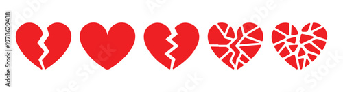 Red broken heart icons representing sadness, breakup, and heartbreak on transparent background.