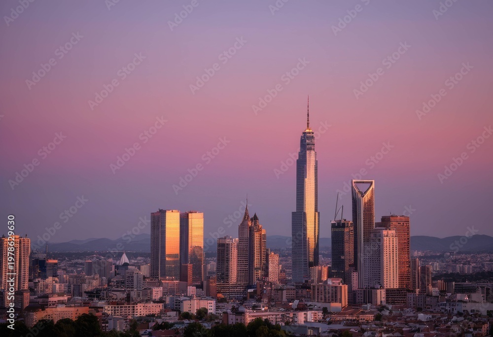 Obraz premium Modern skyscrapers city skyline towering against a pink sunset sky