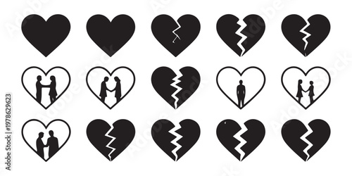 Collection of heart silhouettes showing relationships, breakups and loneliness on transparent background.