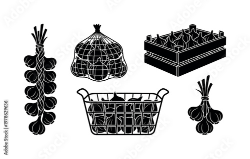 Garlic and onion cuts including chopped garlic pieces, minced garlic pile, onion diced cubes, onion slices rings, garlic paste