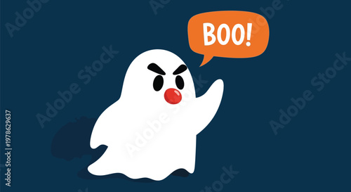 Cartoon ghost saying boo with an orange speech bubble