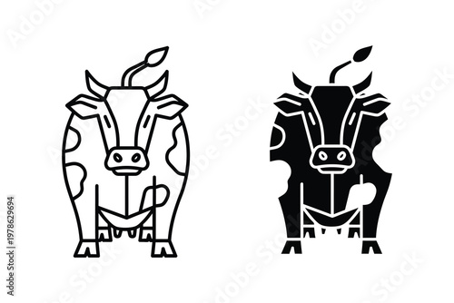 Black and white cow illustration, spotted animal icon, farm livestock concept vector illustration