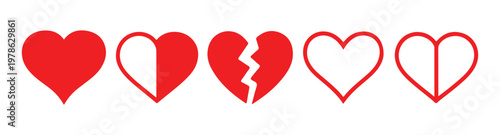 Set of red hearts representing love emotions and relationships different styles and designs included flat design.