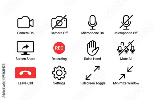 Call controls and meeting actions with camera on icon, camera off icon, microphone on icon, microphone off icon, screen share icon