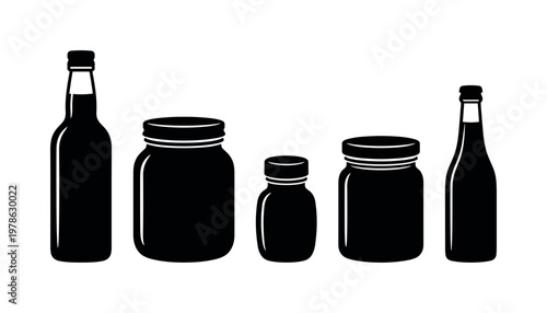 Glass containers including tall glass bottle, wide glass jar, small spice jar, storage jar with lid, narrow neck bottle, bold