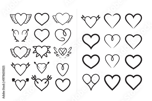 Hand drawn heart illustrations various romantic and playful designs with wings arrows and swirls unique collection.