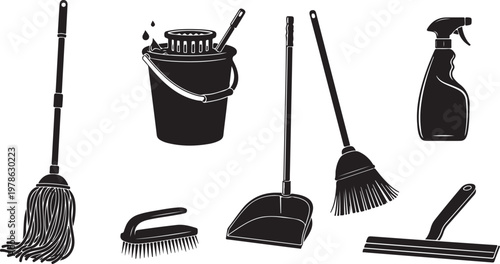 Cleaning tools and supplies on a white background illustration