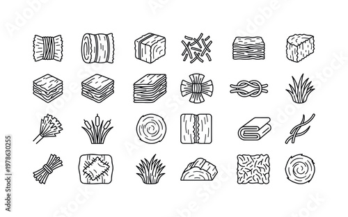 Hay bale parts with twine, edges, layers, straws, knots, and structural features clean monoline outline icon set showing exactly
