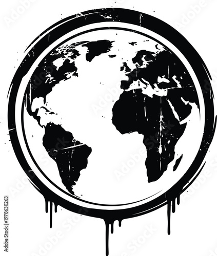Black and white globe with a distressed graffiti style