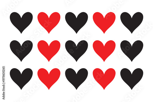 Valentine day heart icon collection with red and black hearts set for romantic design on transparent background.