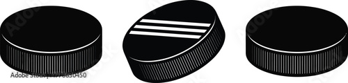 Hockey pucks vector, illustration, realistic and minimalist ice hockey puck set isolated for sports equipment design and winter game graphics.
