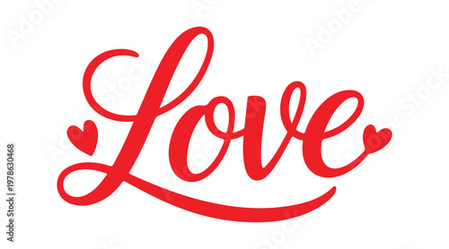 Handwritten red cursive word love with heart accents on transparent background symbol of affection and romance.