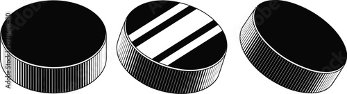 Hockey pucks vector, illustration, realistic and minimalist ice hockey puck set isolated for sports equipment design and winter game graphics.