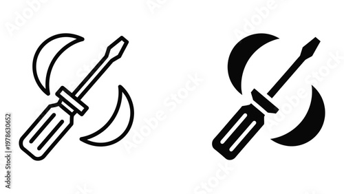 Contrasting black and white schematic of a sickle and a scythe