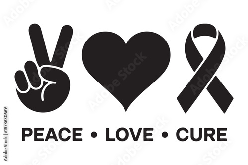 Black peace love cure symbols with hand gesture heart and ribbon for awareness and medical support on transparent.