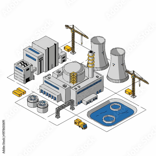 Isometric Nuclear Power Plant Construction Site Illustration.