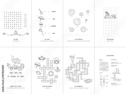 Foto Set of 7 kids sea activity games, Spanish language, educational worksheet, vector illustration, No