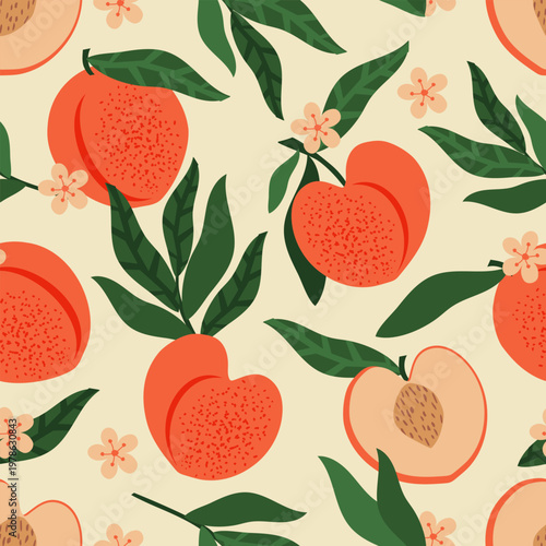Seamless pattern with ripe peaches and green leaves on a light pink background for fabrics and textiles. Vector.