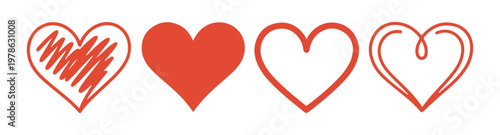 Set of four red hearts with varying artistic styles presented on a transparent grid background.