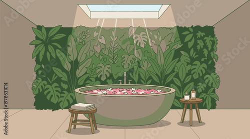 Luxurious Bathtub in Spa Room with Green Wall.